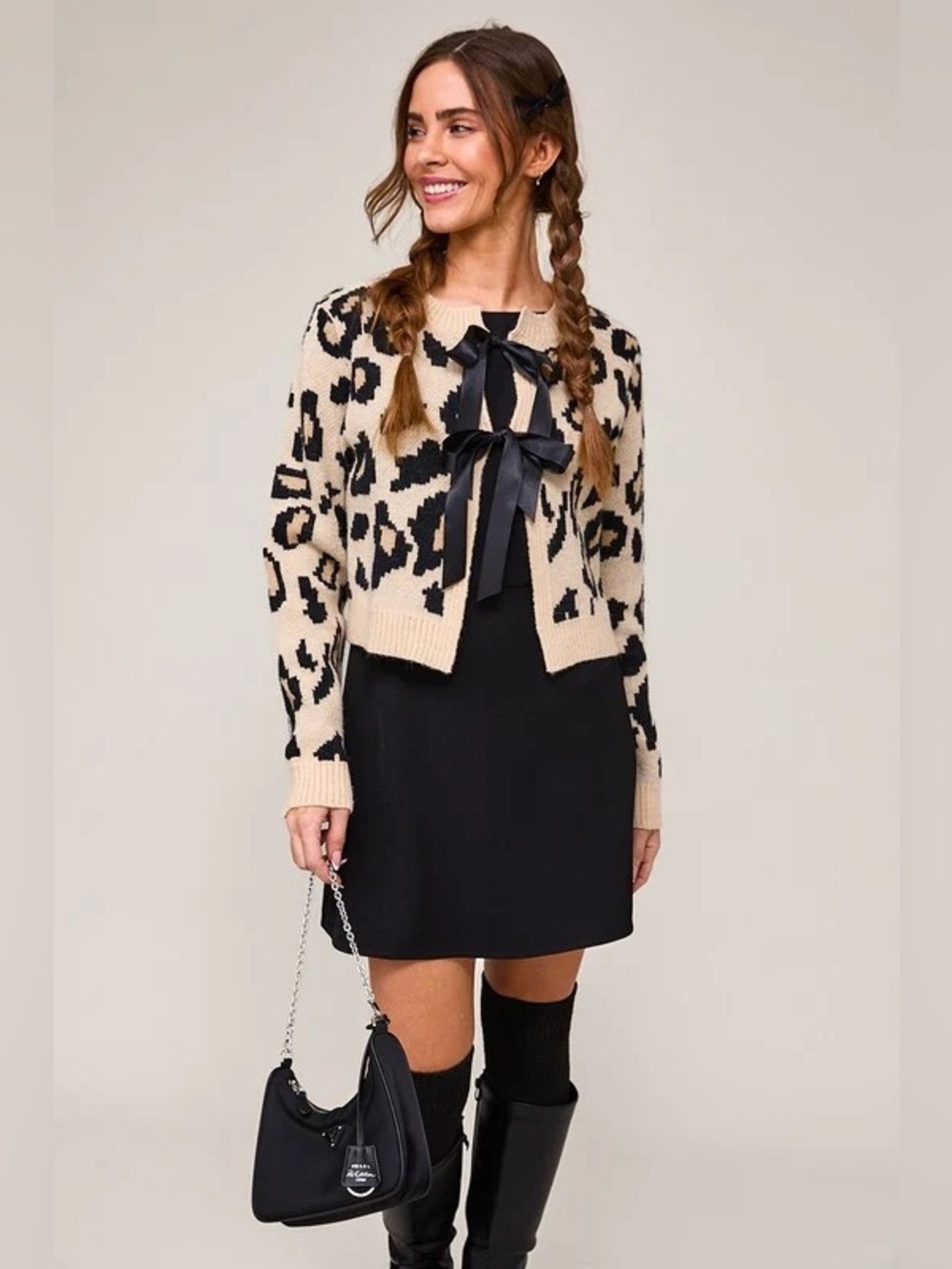 Le Lis Leopard Print Satin Bow Tie Front Cropped Cardigan - Size M